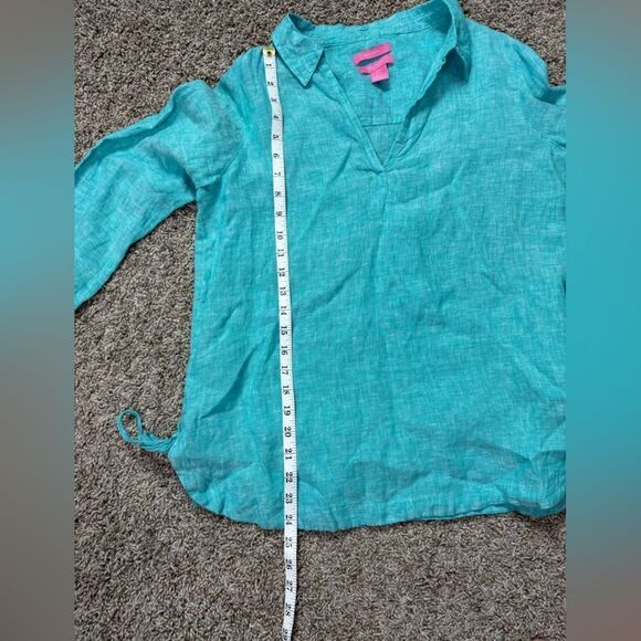 Issac Mizrahi Teal Linen Pop Over Blouse - Picture 5 of 6